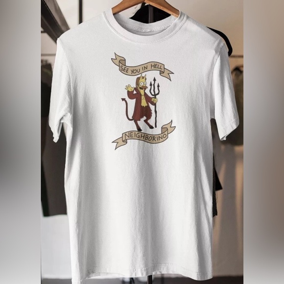 See You iN Hell Neighborino! Simpsons Ned Flanders Devil Men’s Black Tee - Picture 5 of 6